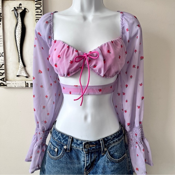 Glamaker Purple Floral Print Corset Long Sleeve Cropped Top Size L - Picture 1 of 9
